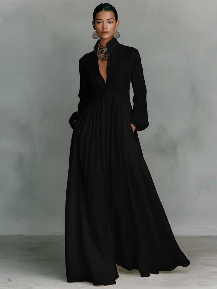 Brunhilde | Maxi Dress with Patchwork Linen and Stand-Up Collar