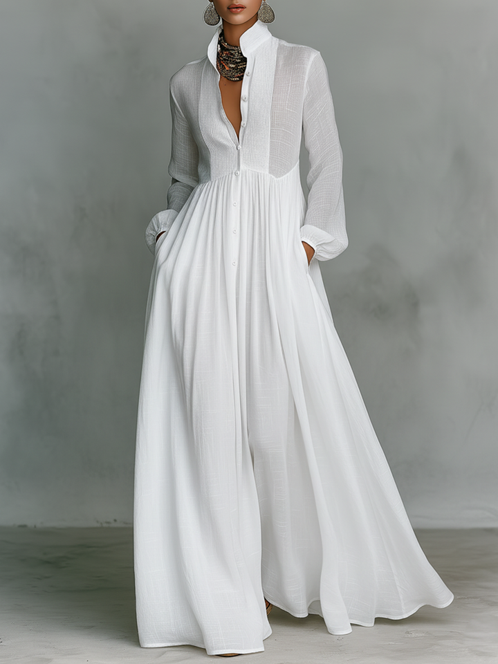 Brunhilde | Maxi Dress with Patchwork Linen and Stand-Up Collar