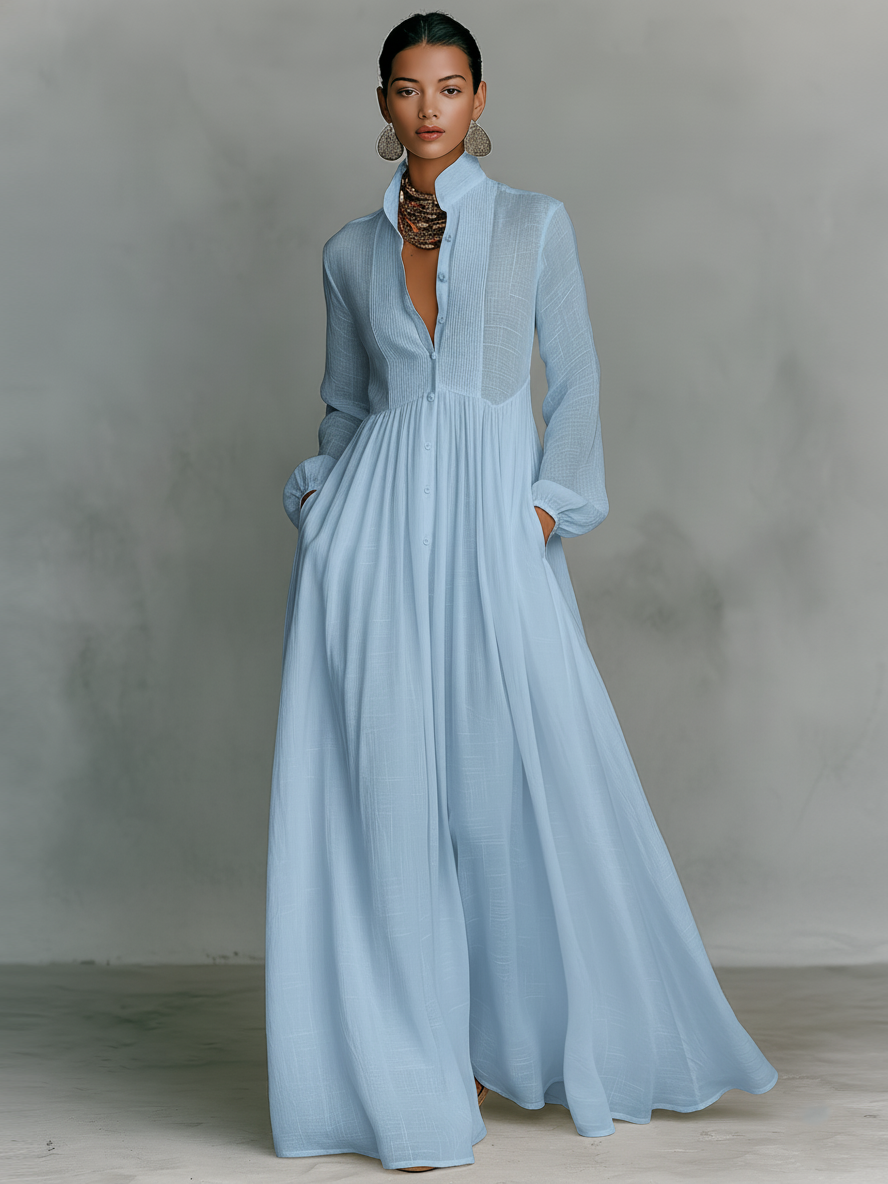 Brunhilde | Maxi Dress with Patchwork Linen and Stand-Up Collar