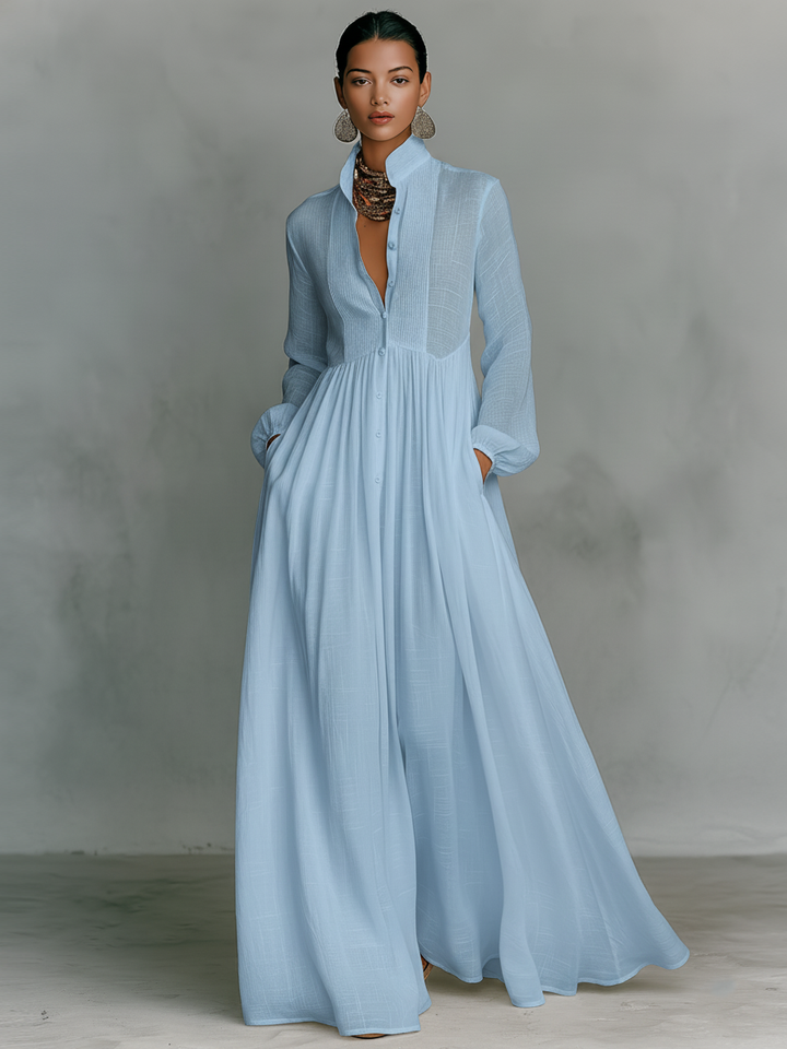 Brunhilde | Maxi Dress with Patchwork Linen and Stand-Up Collar