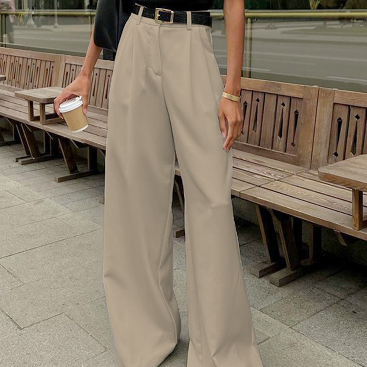 Solid Wide Leg Pants Without Belt