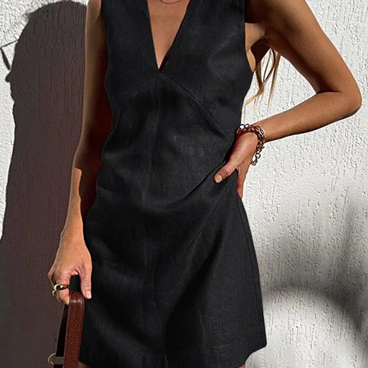 Cotton & Linen V-Neck Short Dress