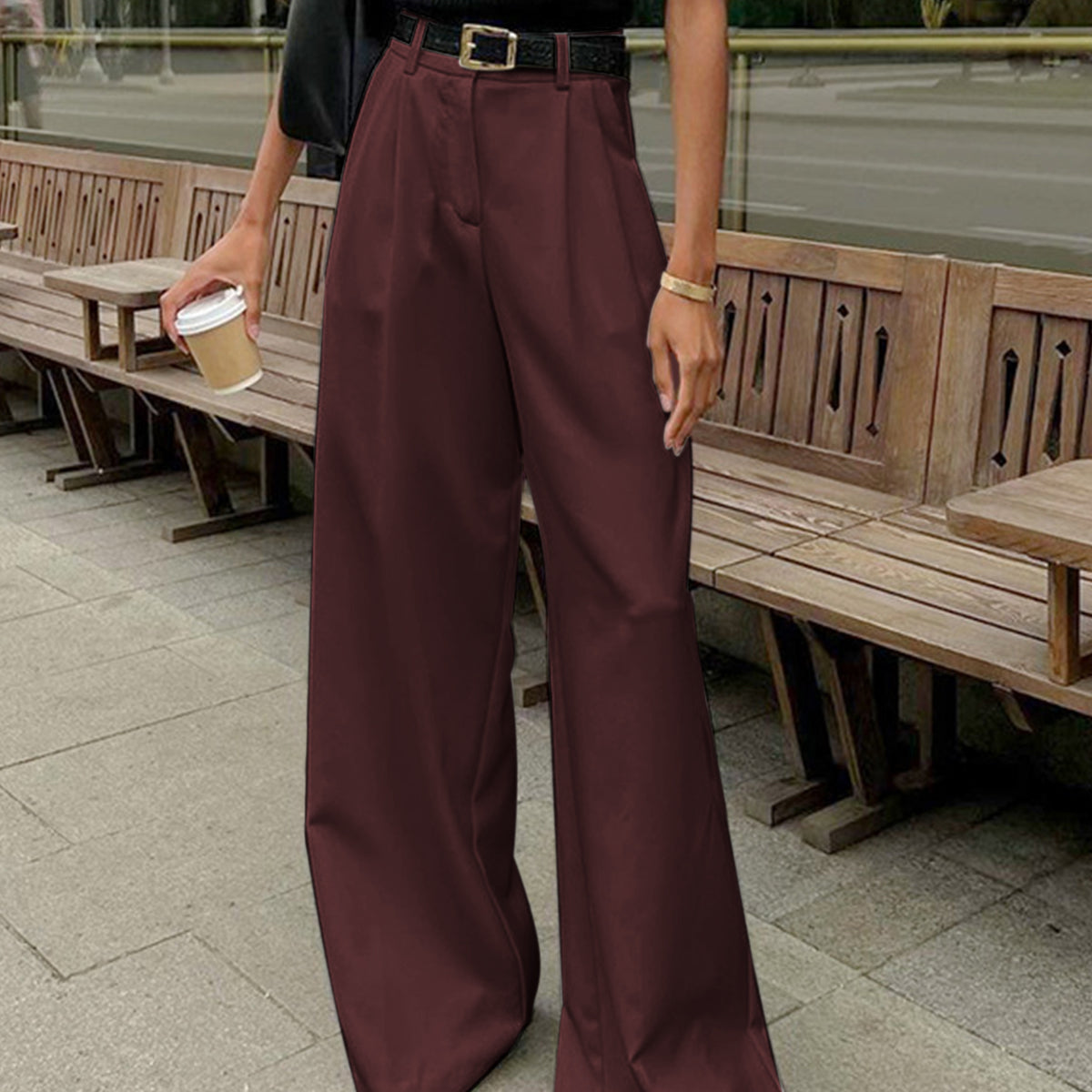 Solid Wide Leg Pants Without Belt