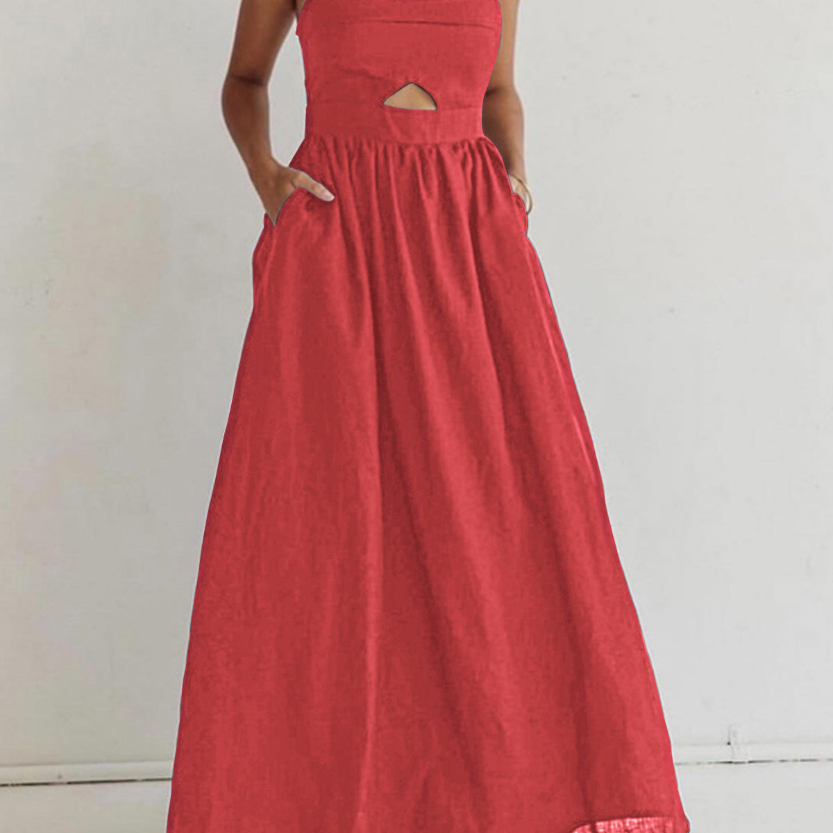 Cotton Sleeveless Pockets Cutout Long Dress