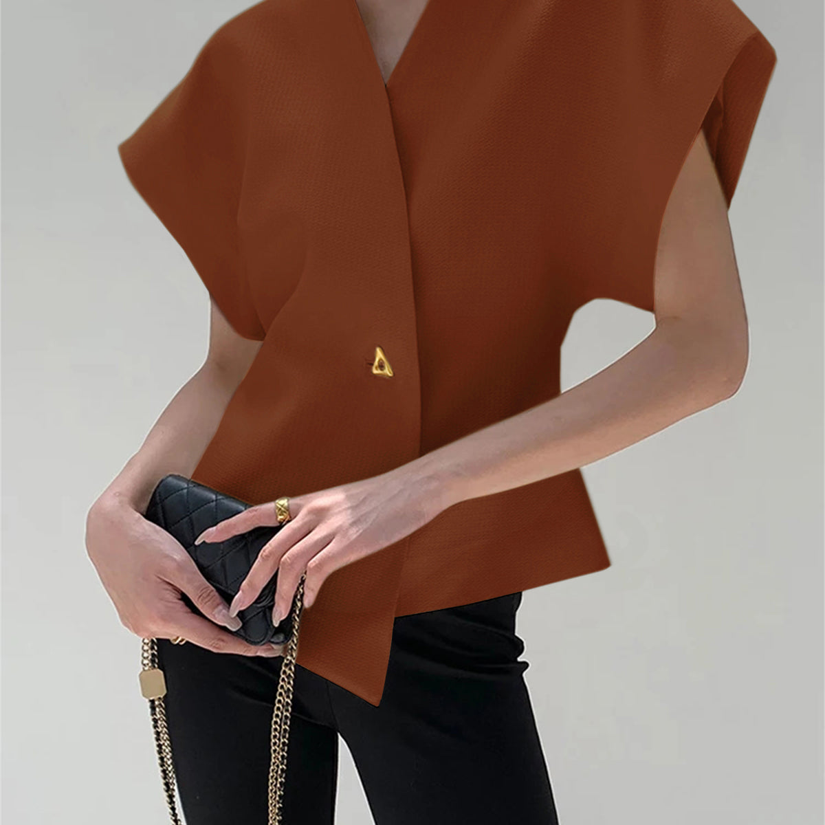 Trendy V-Neck Button Down Blouse