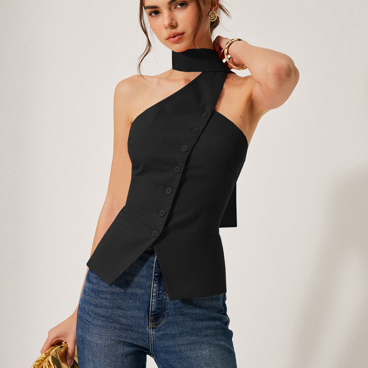 Cotton & Linen Halter Top With Decor Pockets