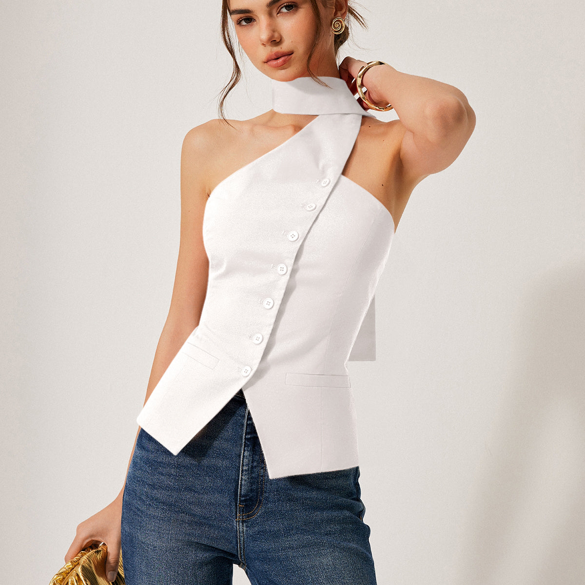 Cotton & Linen Halter Top With Decor Pockets