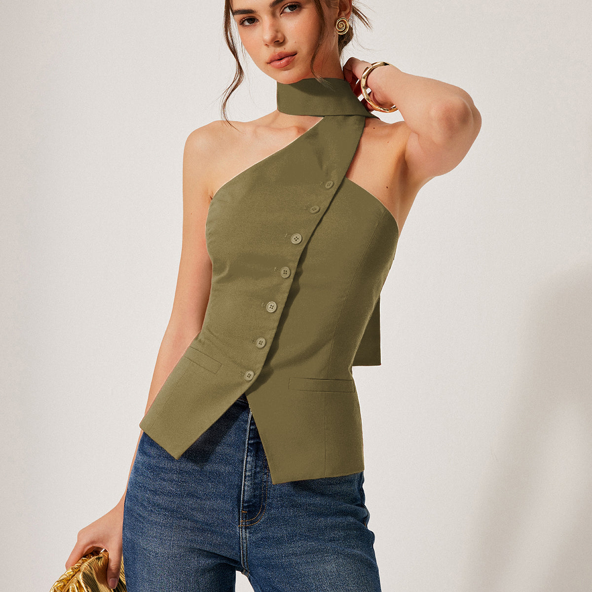 Cotton & Linen Halter Top With Decor Pockets