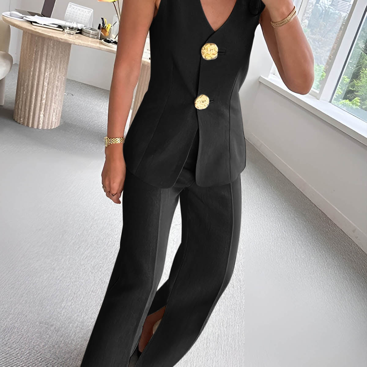 Button Split Sleeveless Pants Set