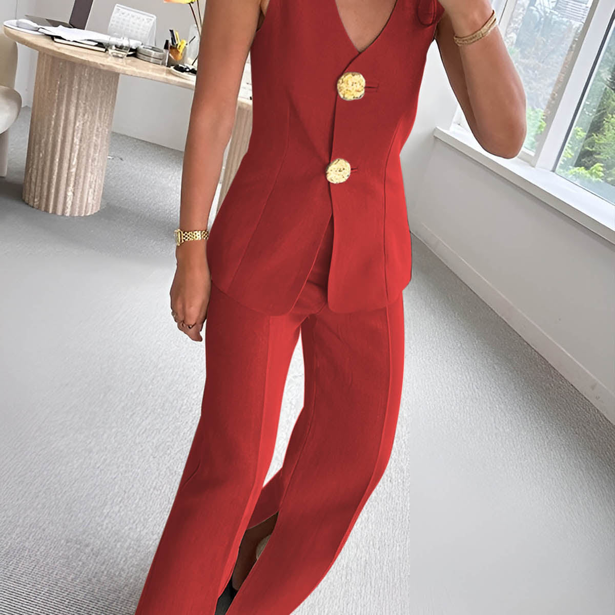 Button Split Sleeveless Pants Set