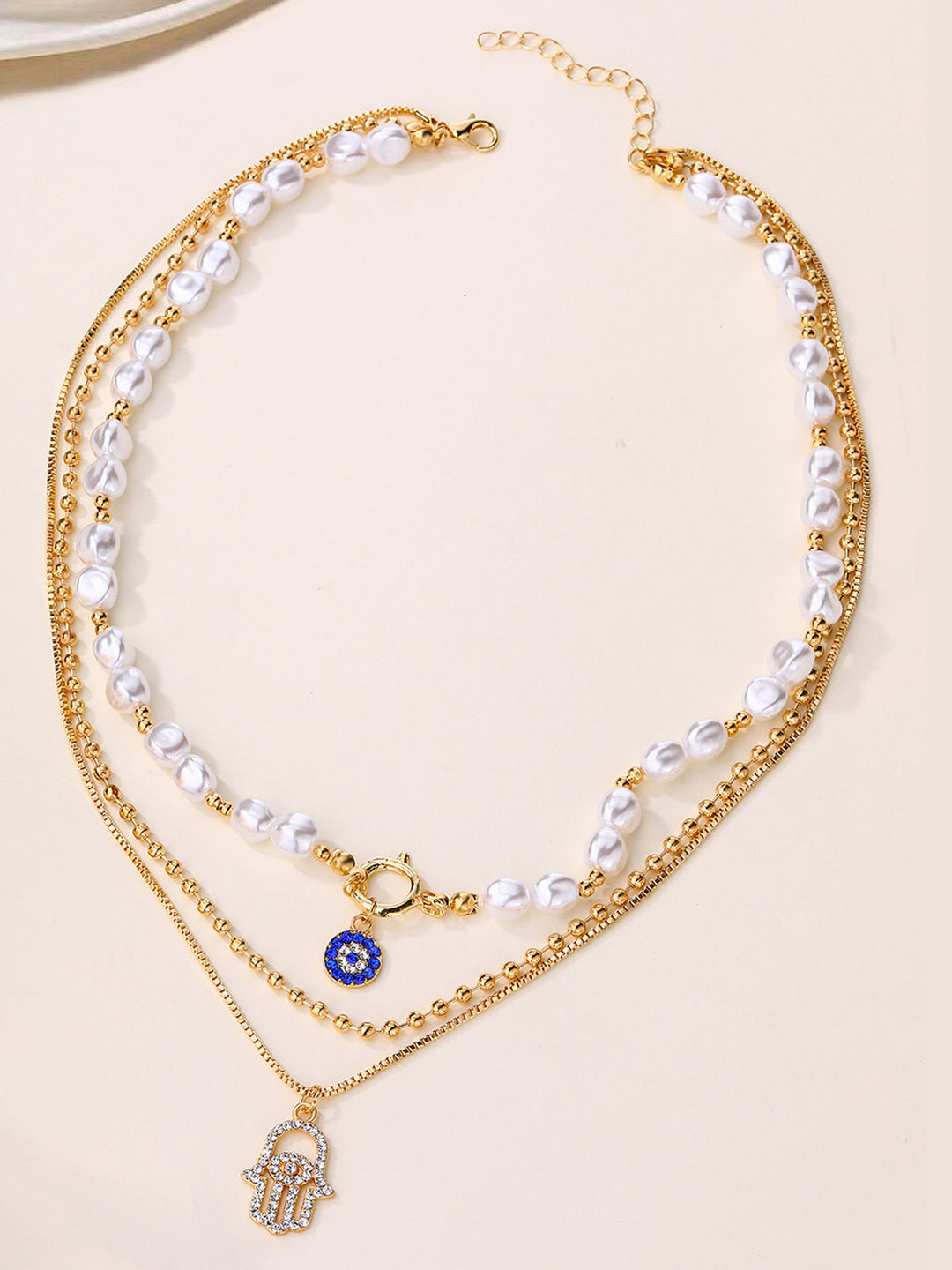 Pearl & Hamsa Hand Multi-Layer Necklace Set