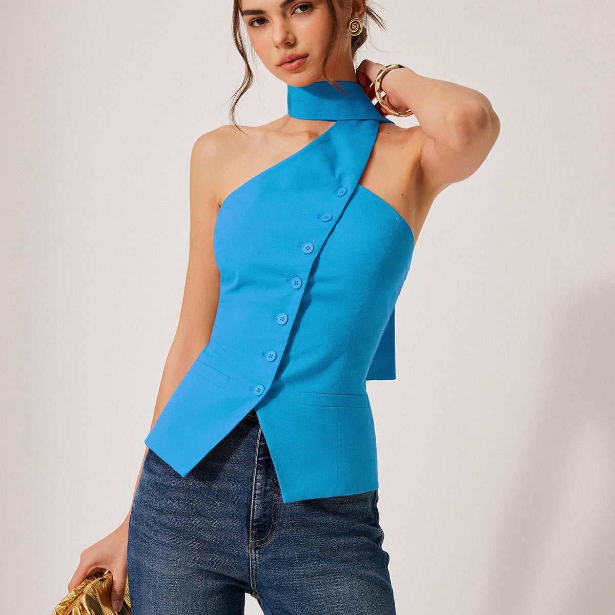 Cotton & Linen Halter Top With Decor Pockets