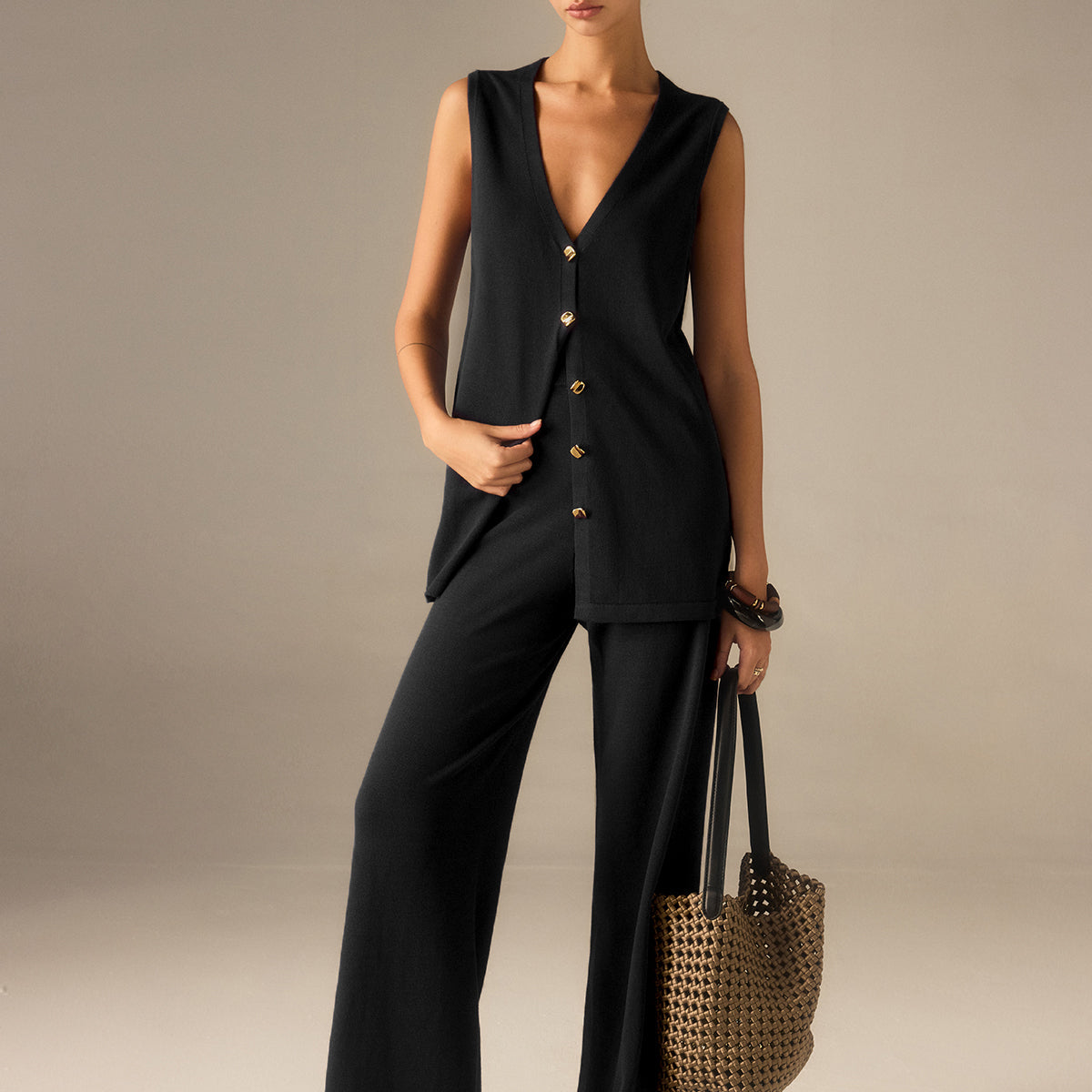 Golden Button Knit Vest Pants Set