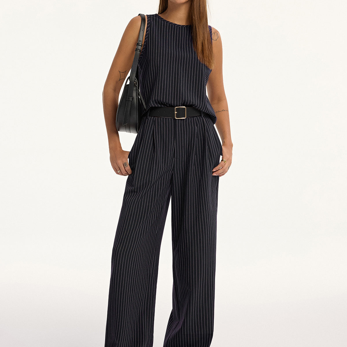 Pinstripe Sleeveless Top and Pants Set with Belt