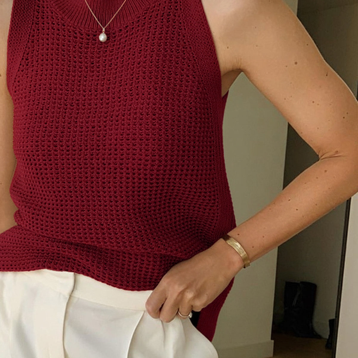 Knit Hollow Solid Tank Top