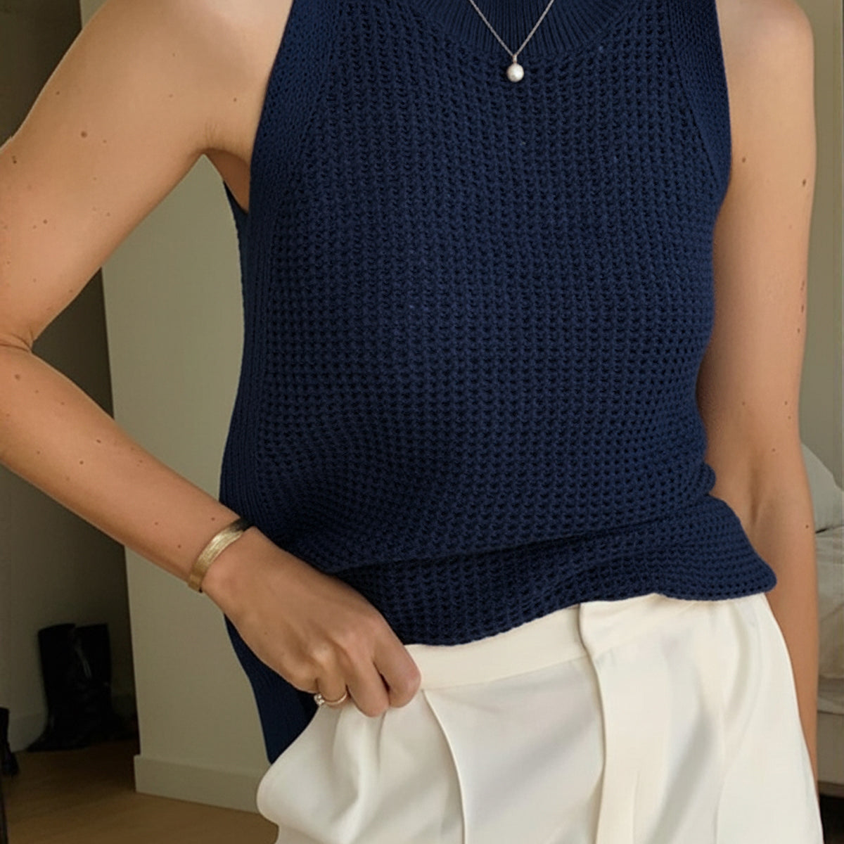Knit Hollow Solid Tank Top