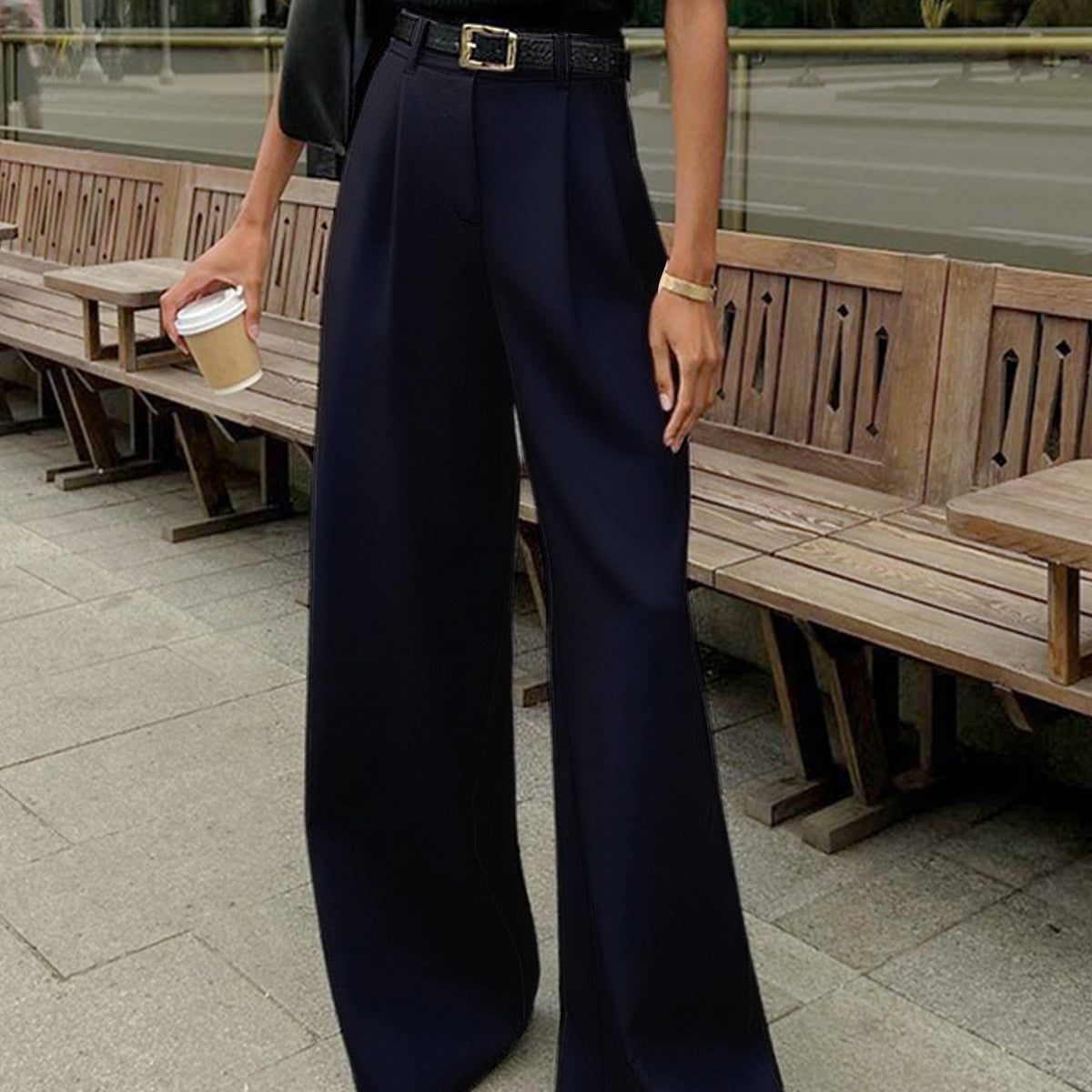 Solid Wide Leg Pants Without Belt