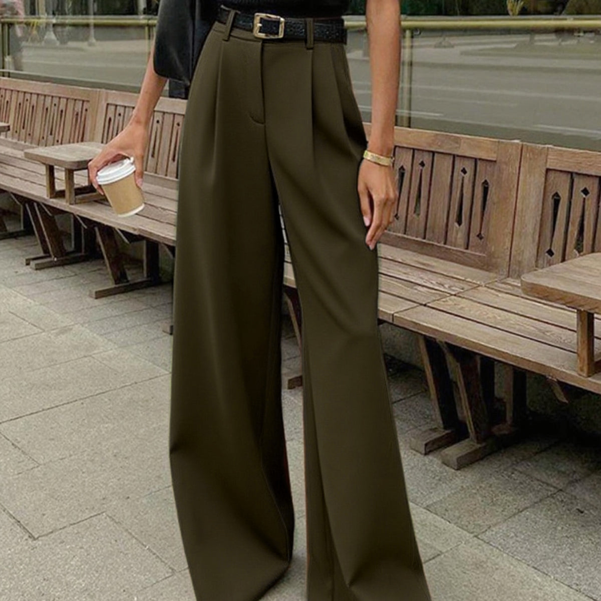 Solid Wide Leg Pants Without Belt