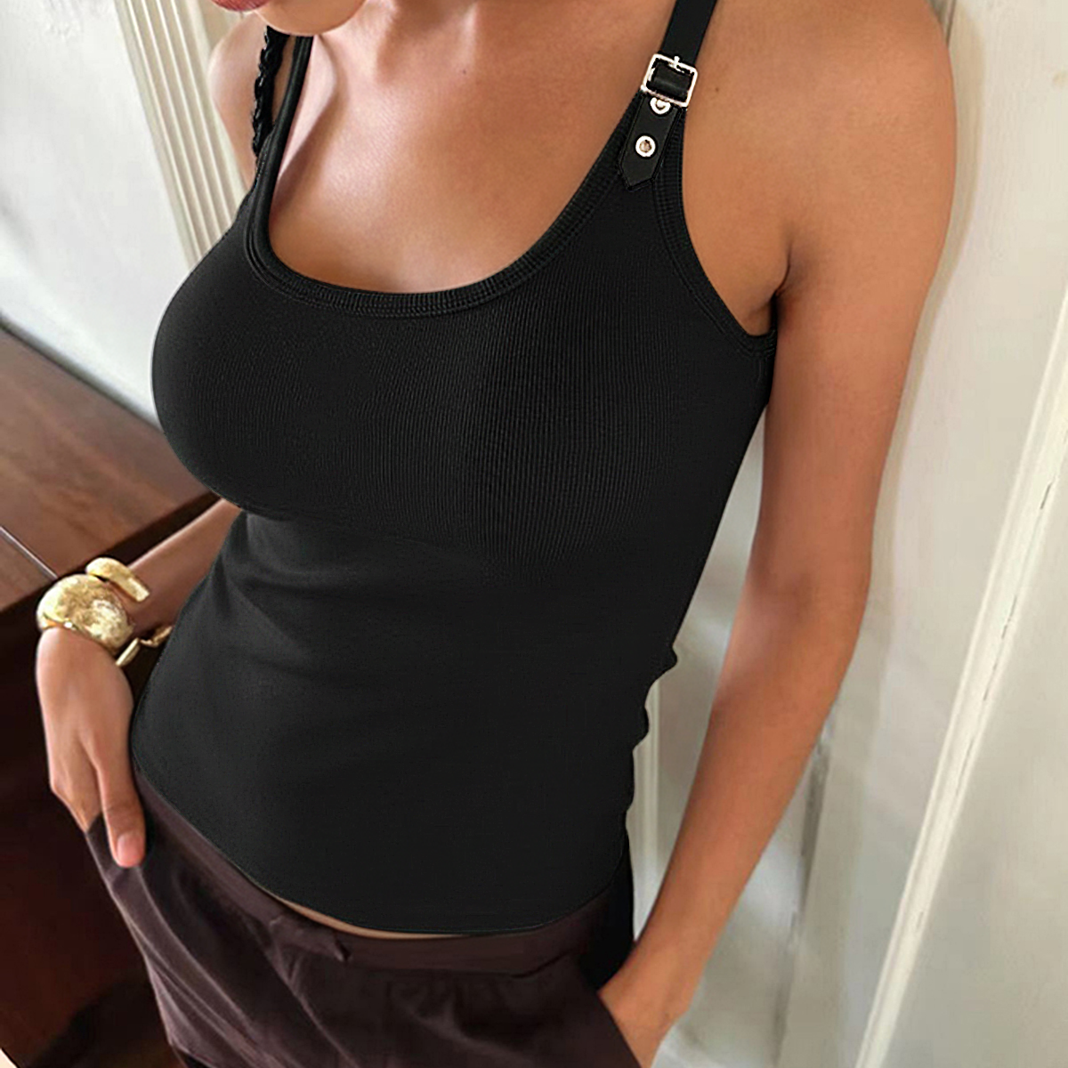 Ribbed Stretchy Faux Leather Buckle Vintage Tank Top