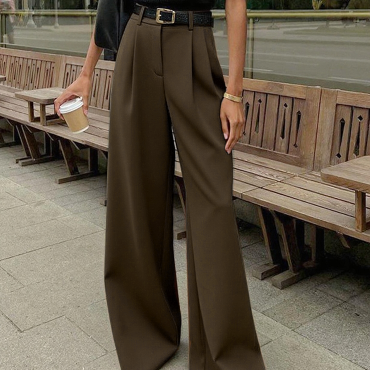 Solid Wide Leg Pants Without Belt
