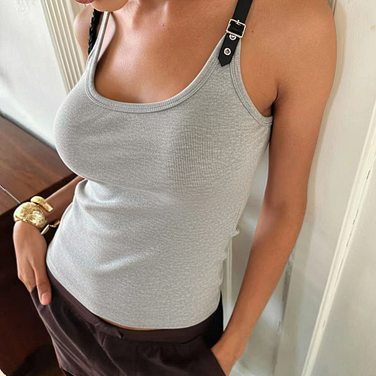 Ribbed Stretchy Faux Leather Buckle Vintage Tank Top