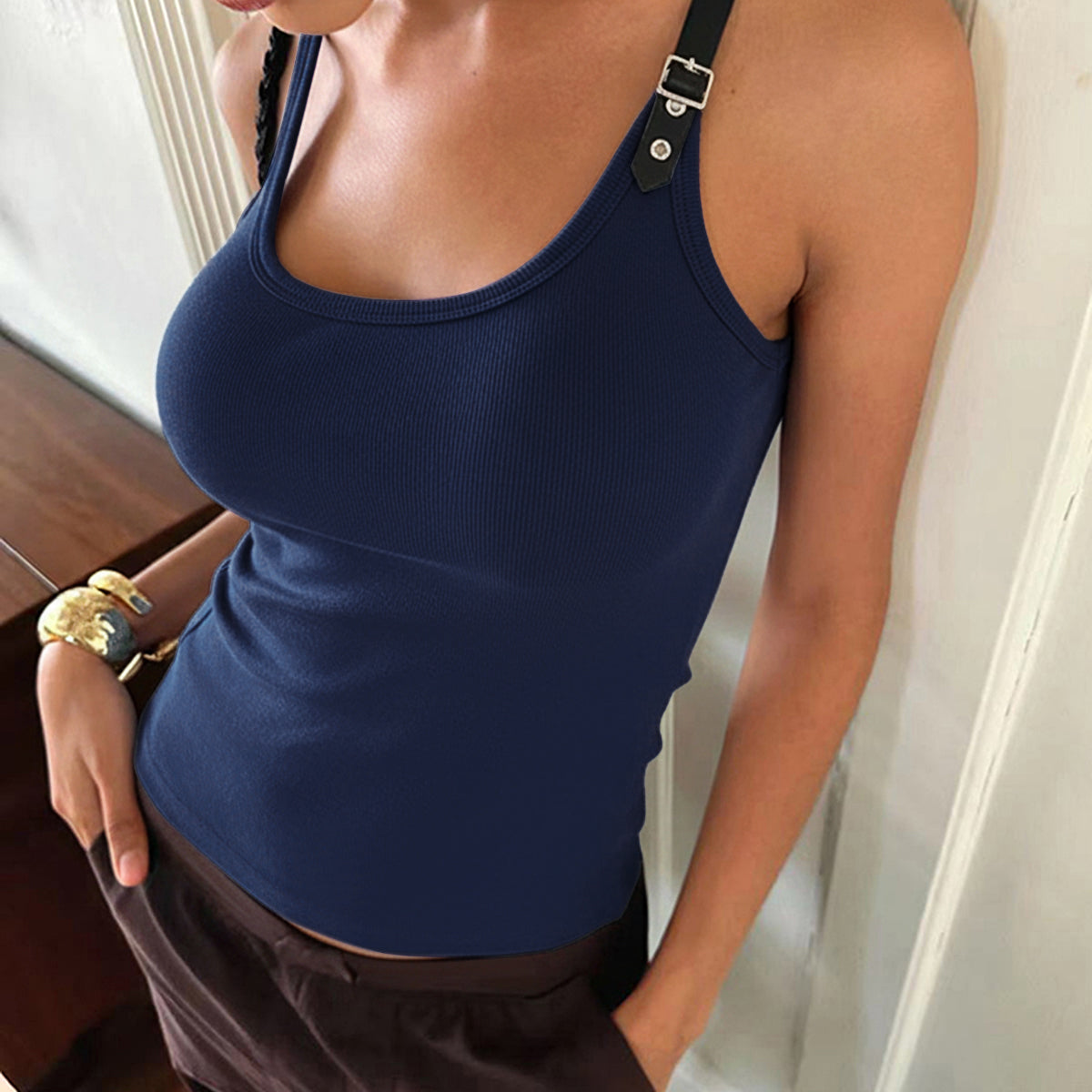 Ribbed Stretchy Faux Leather Buckle Vintage Tank Top