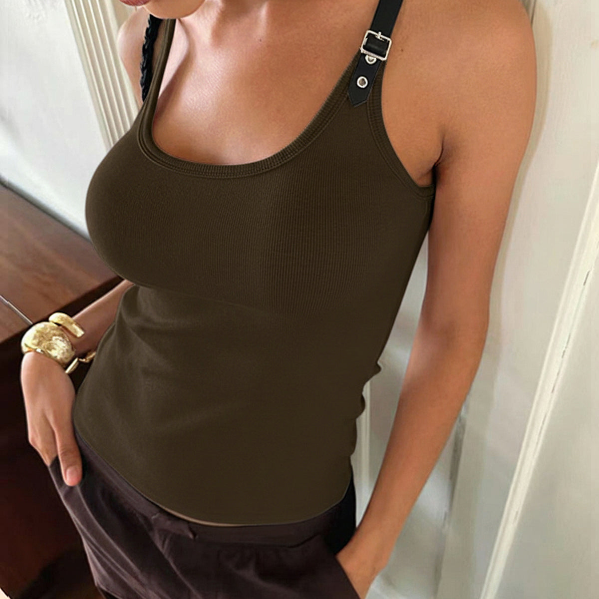 Ribbed Stretchy Faux Leather Buckle Vintage Tank Top