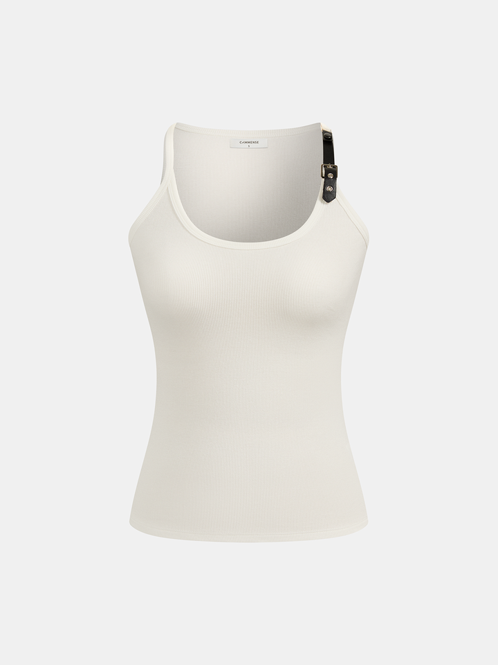 Ribbed Stretchy Faux Leather Buckle Vintage Tank Top