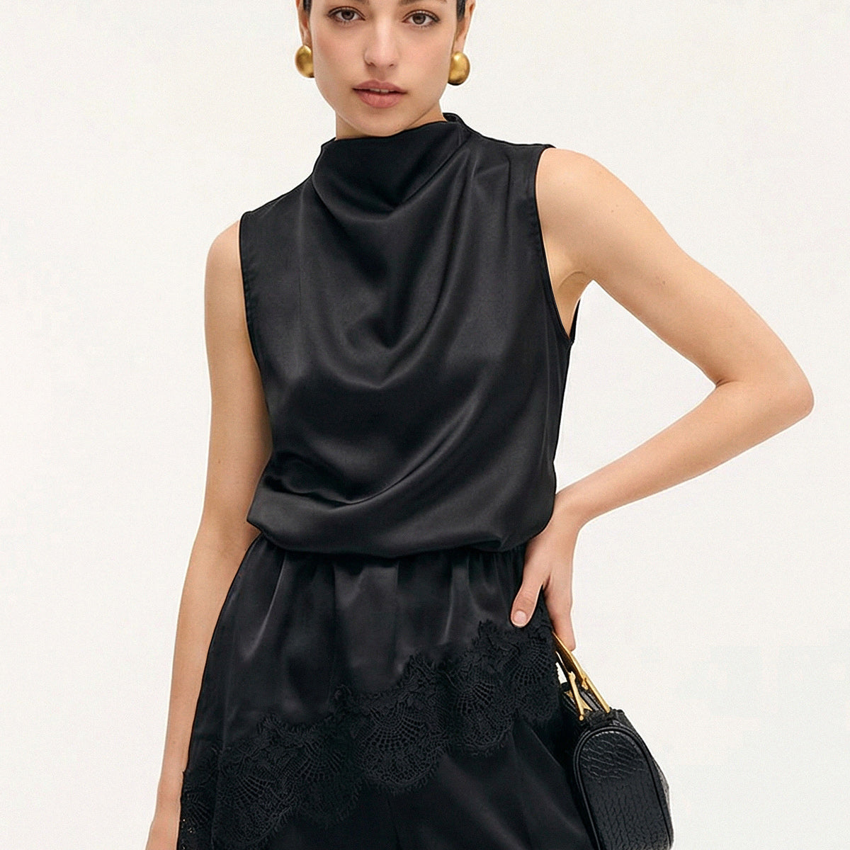 Lace Trim Satin Sleeveless Blouse