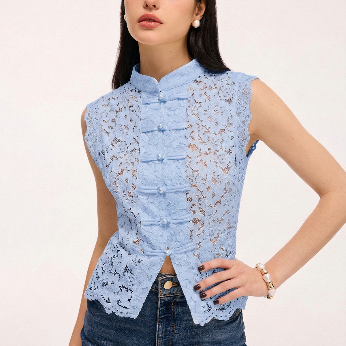 Lace Mandarin Collar Pearl Button Sleeveless Top