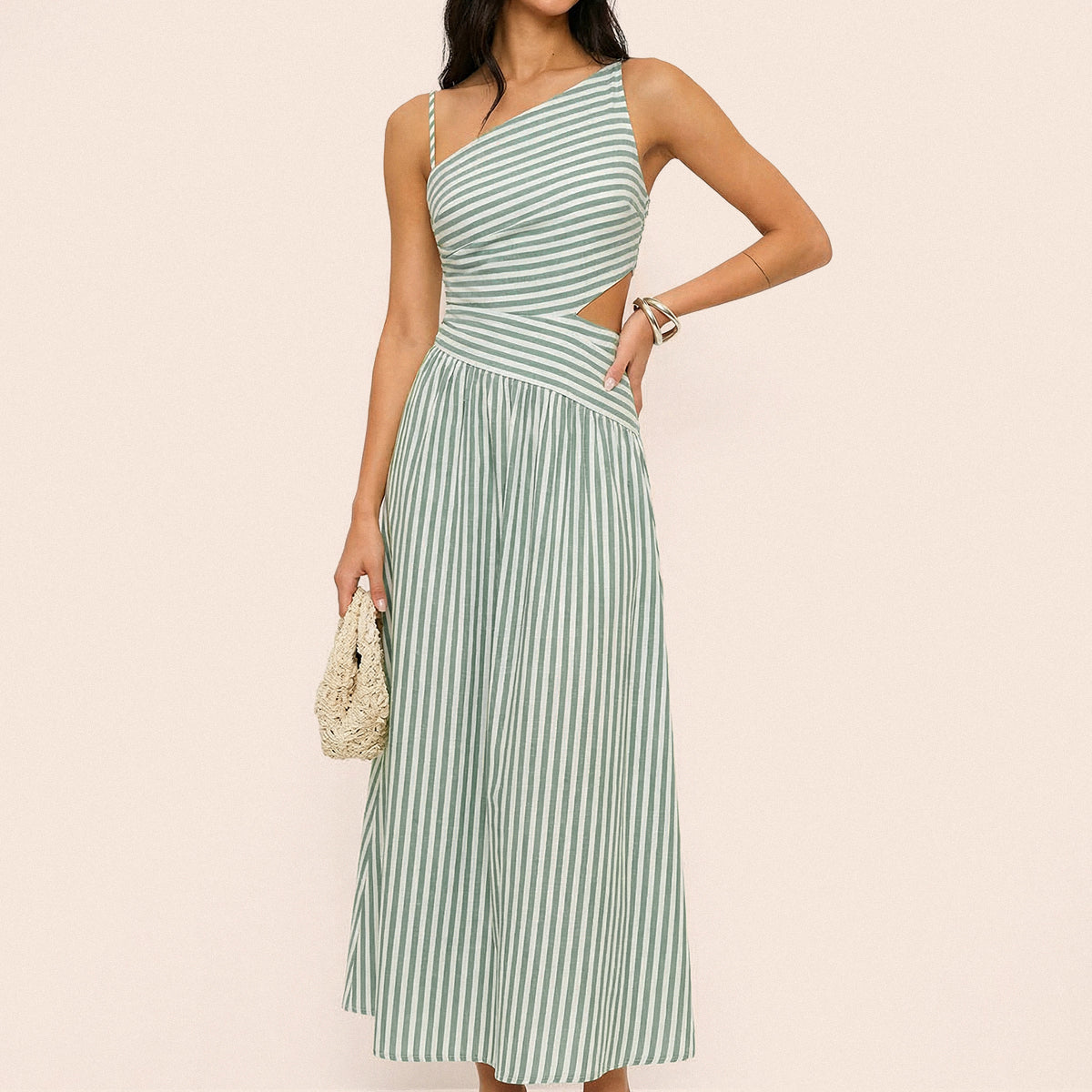 Striped Cut-Out Asymmetric Cami Maxi Dress