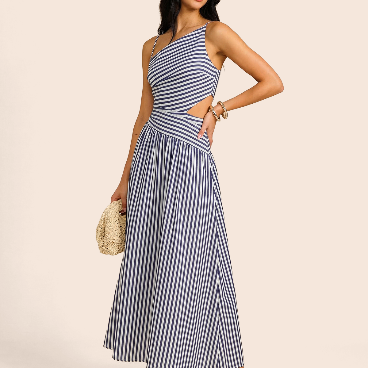 Striped Cut-Out Asymmetric Cami Maxi Dress