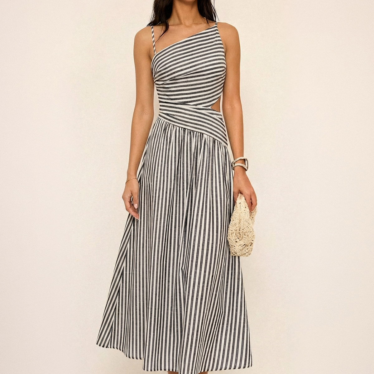 Striped Cut-Out Asymmetric Cami Maxi Dress