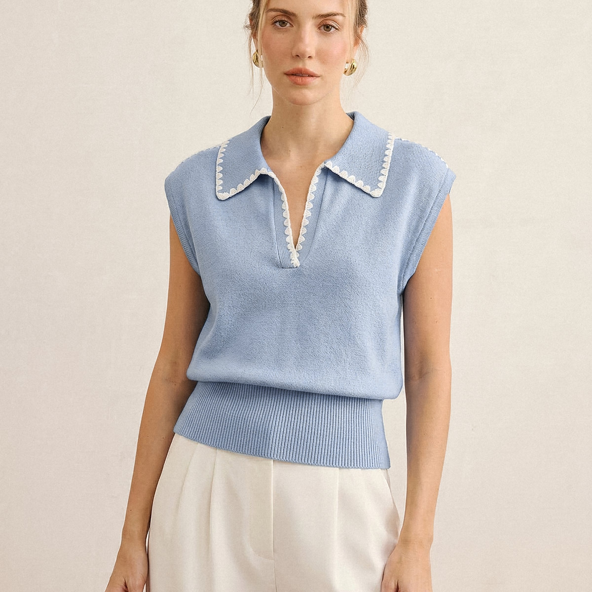 Contrast Trim Sleeveless Knit Polo Vest