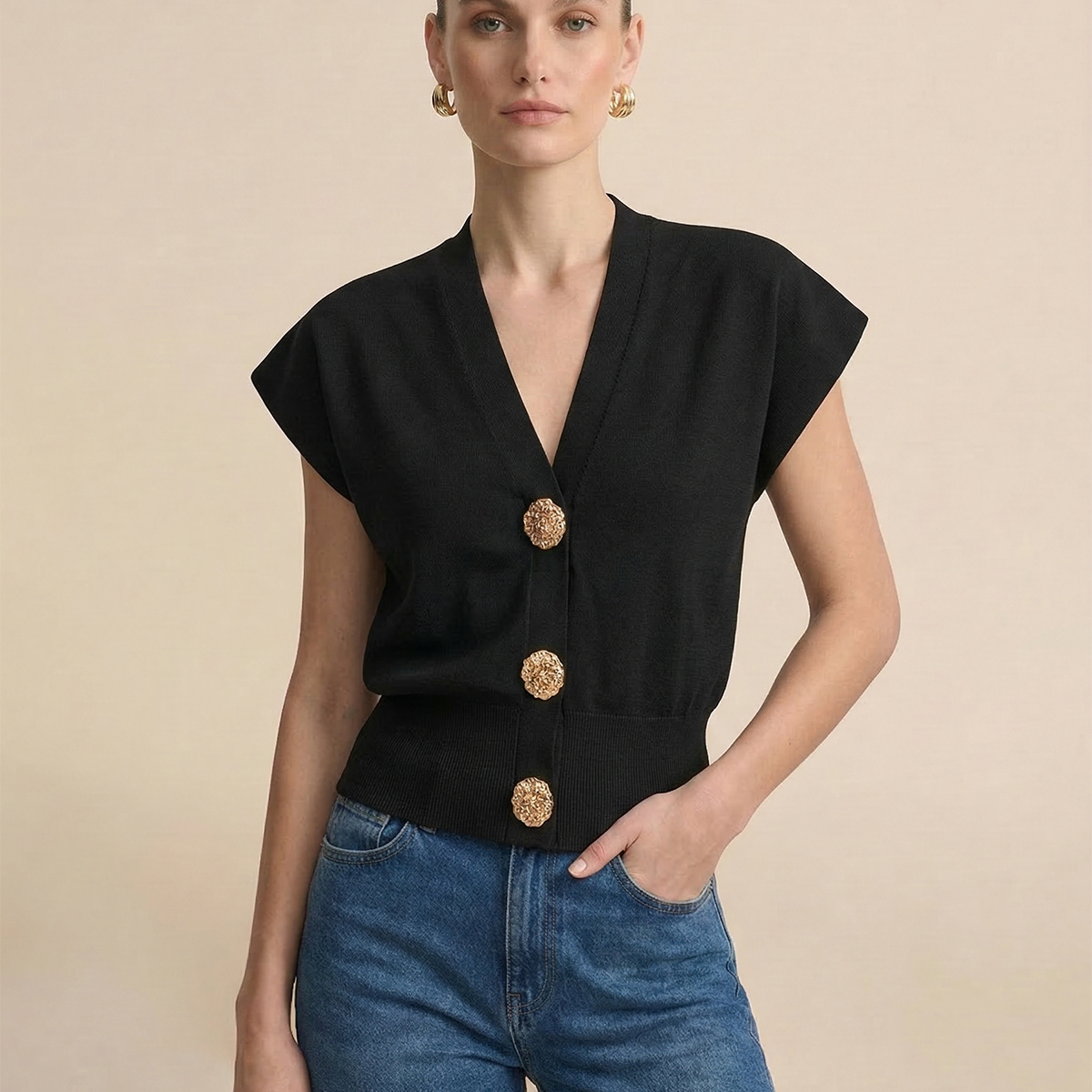 V-Neck Cap Sleeve Knit Top