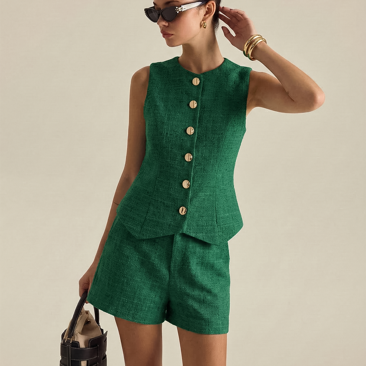 Tweed Buttoned Vest & Mini Shorts Set