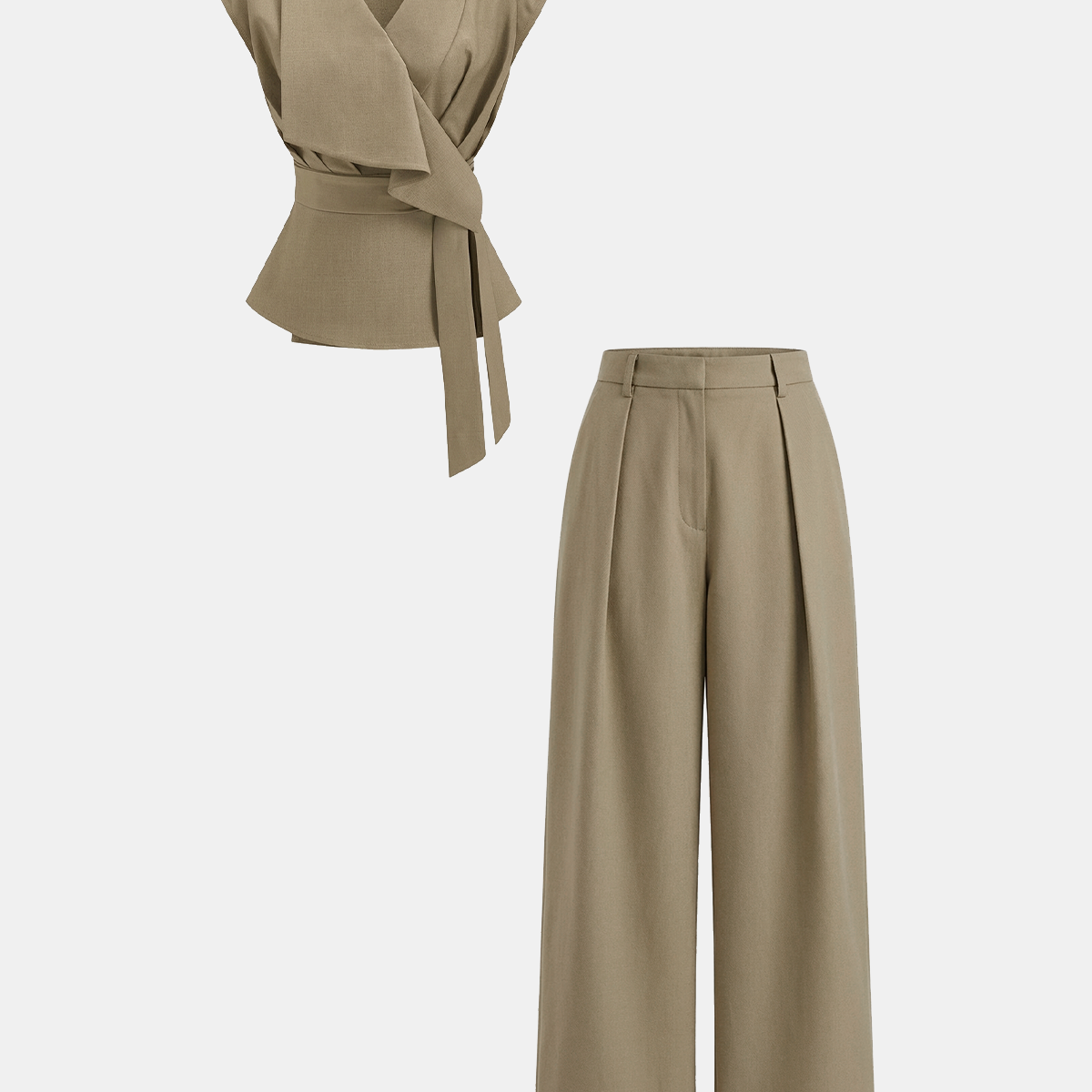 Wrap Front Fitted Top & Pleated Pants Set