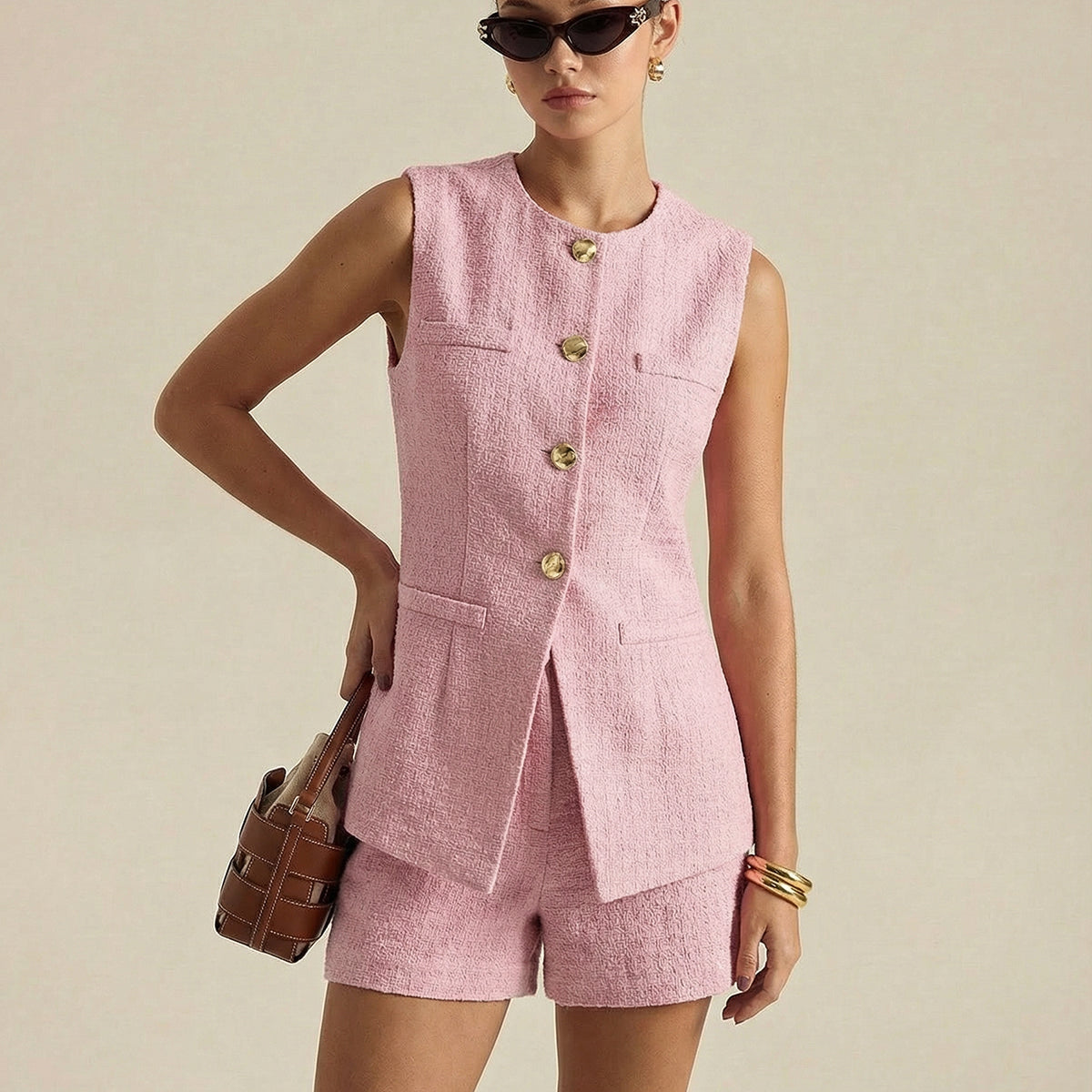 Metal Button Tweed Vest & Shorts Set