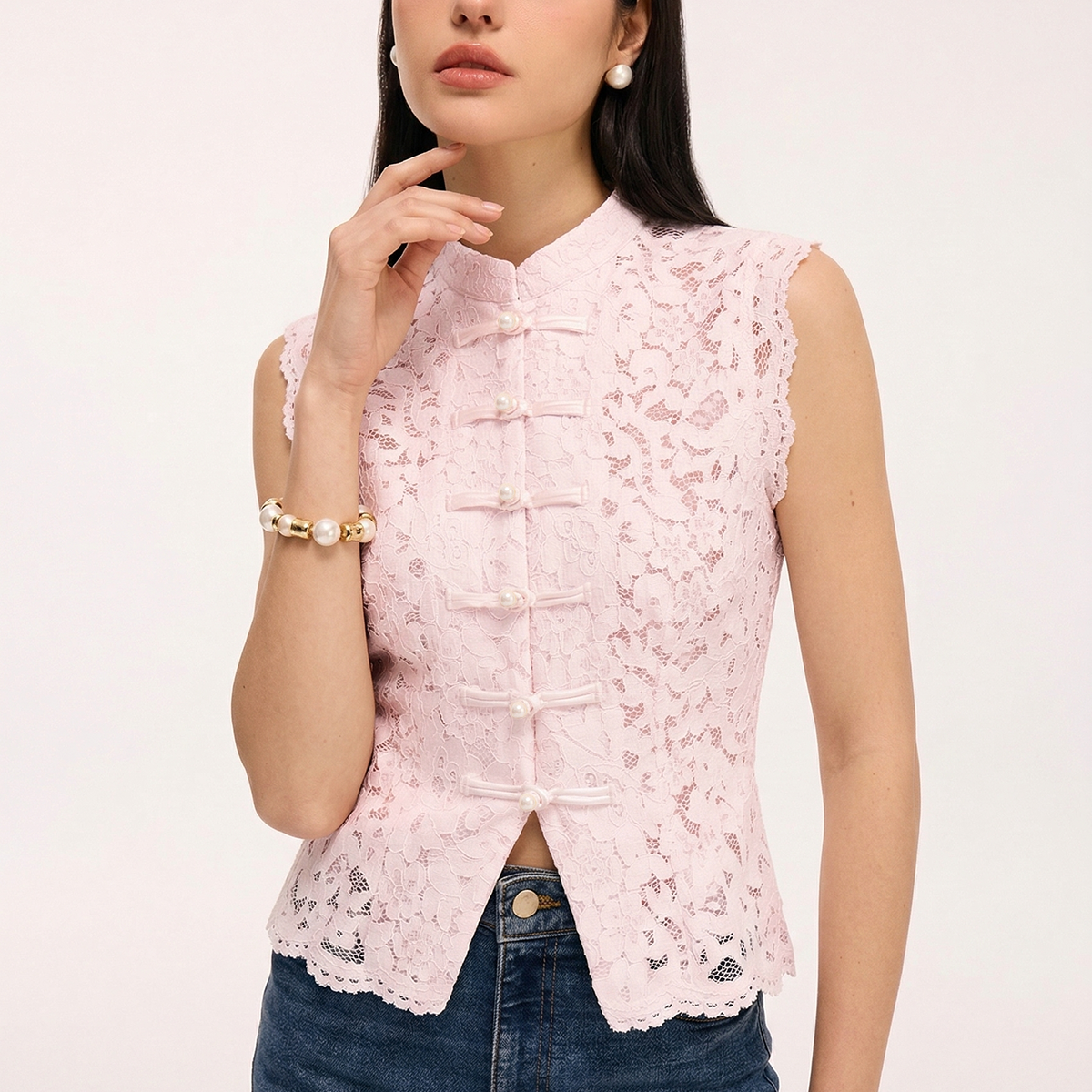 Lace Mandarin Collar Pearl Button Sleeveless Top