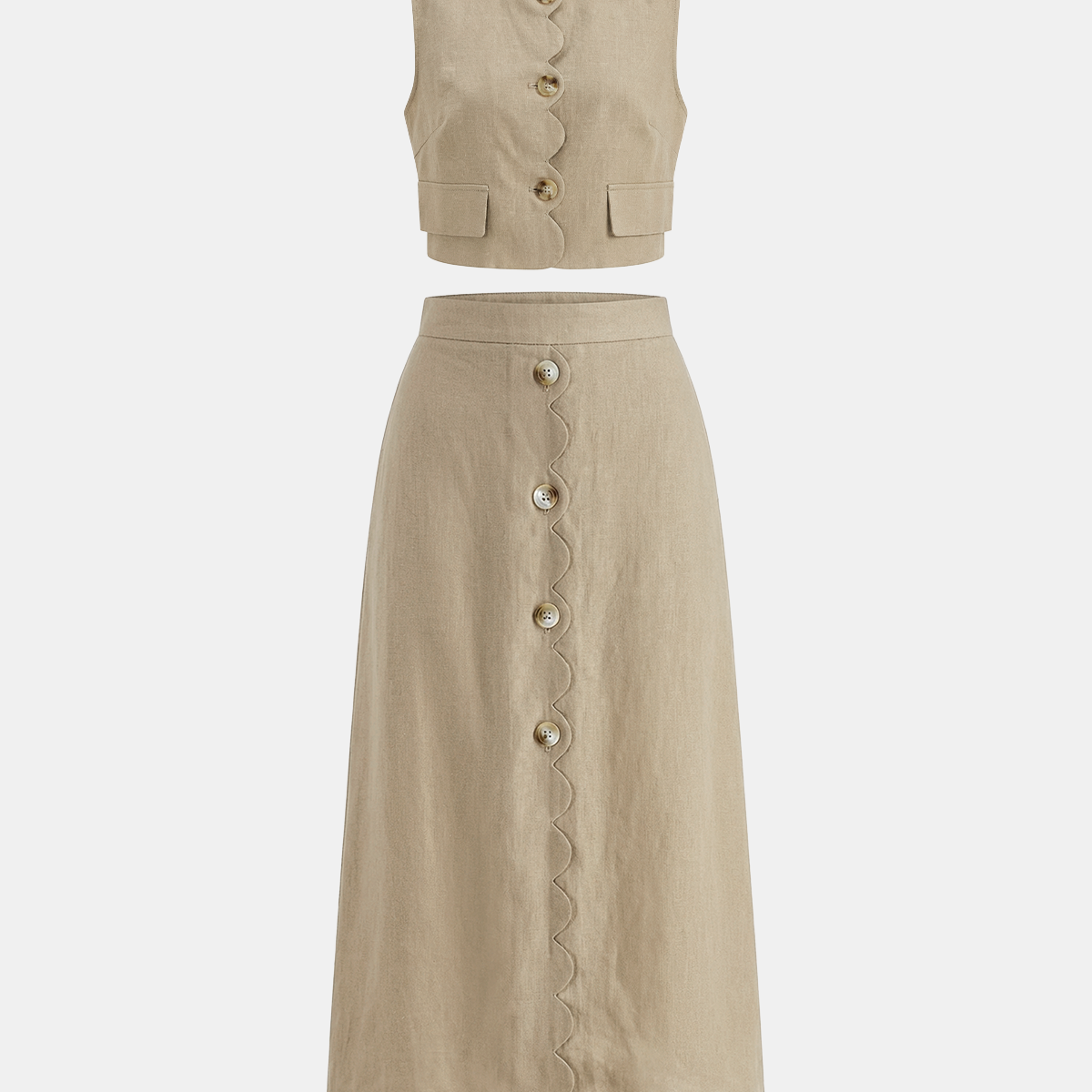 Cotton Linen Scallop Trim Vest & Skirt Set