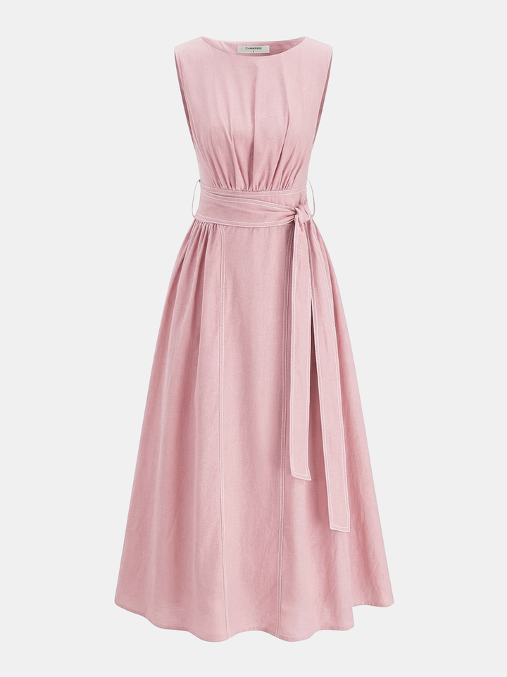 Cotton Linen Sleeveless Belted Maxi Dress