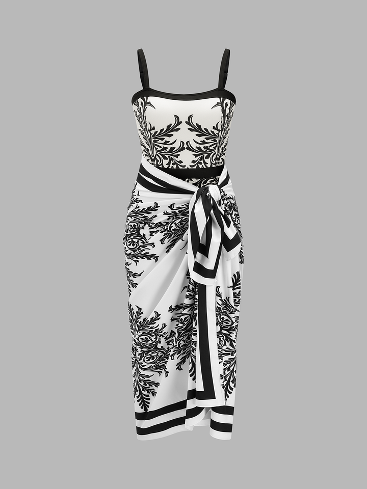 Baroque Print One-Piece Swimsuit & Sarong Set