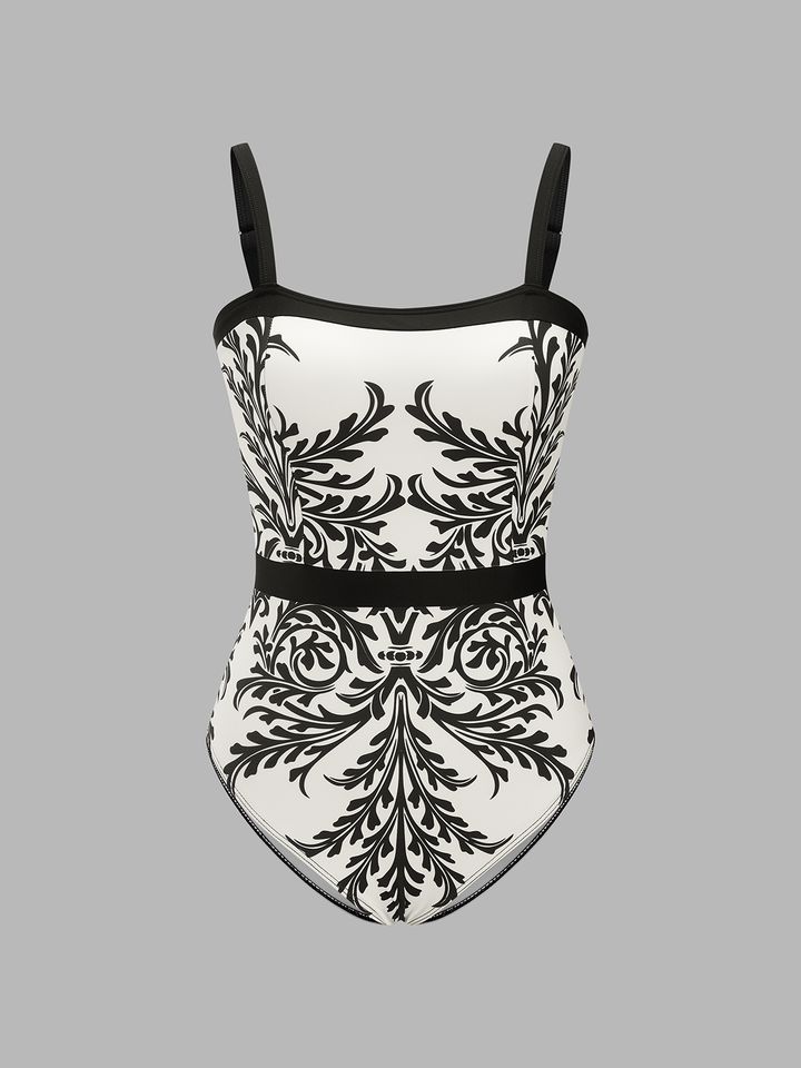 Baroque Print One-Piece Swimsuit & Sarong Set