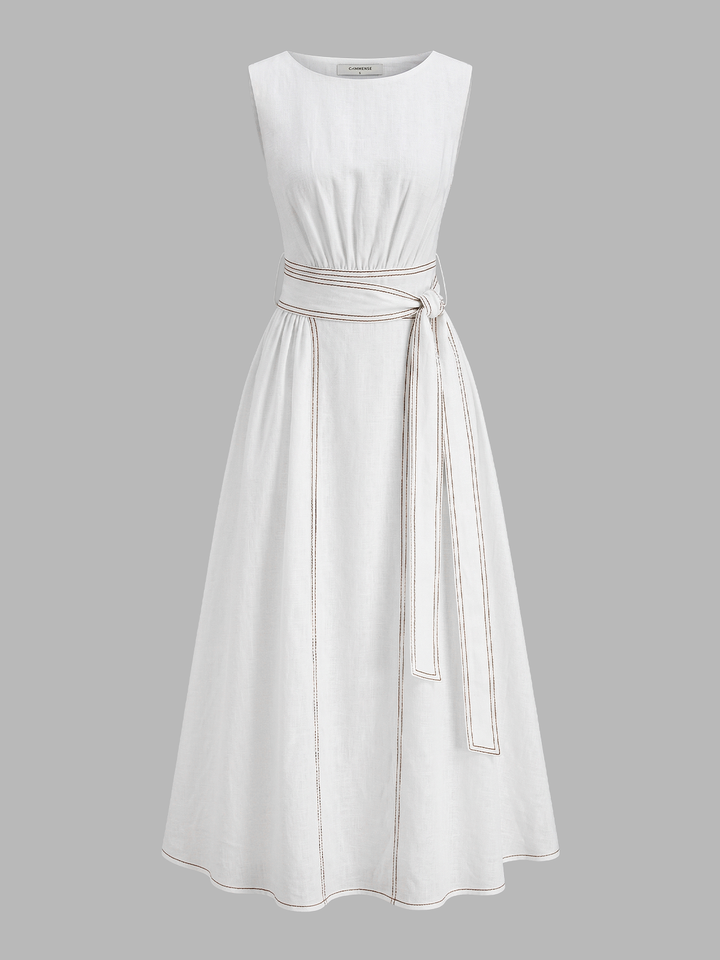Cotton Linen Sleeveless Belted Maxi Dress