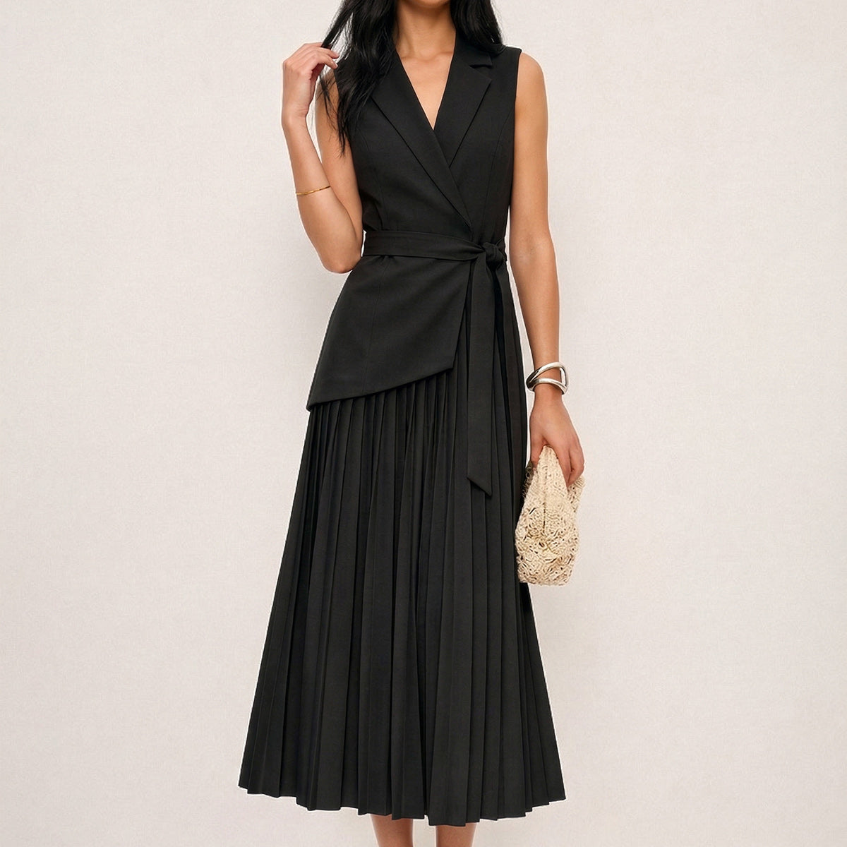 Sleeveless Belted Pleated Blazer Dress