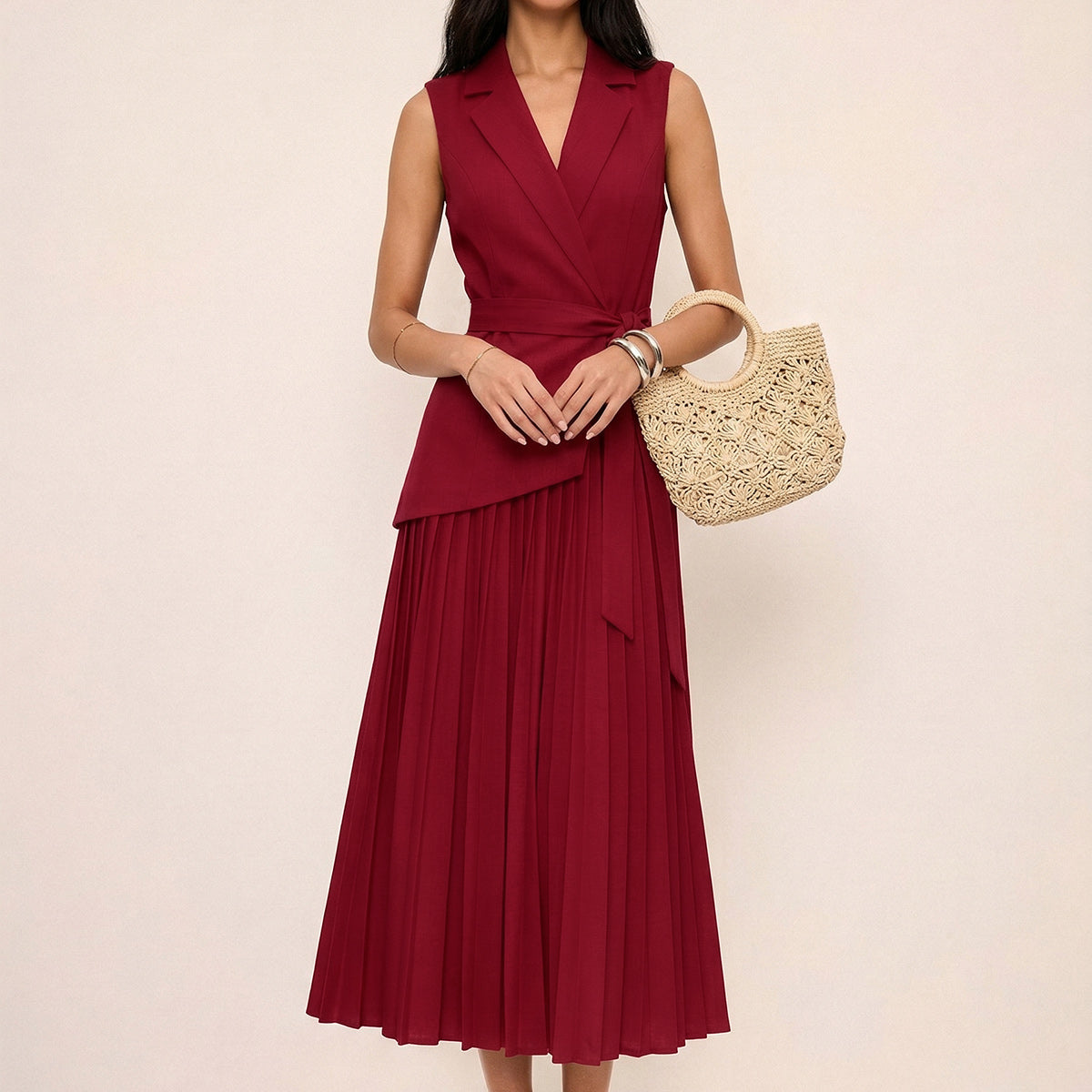Sleeveless Belted Pleated Blazer Dress