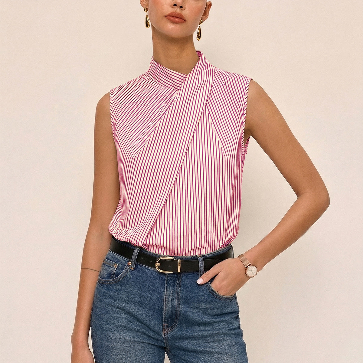 Sleeveless Striped High Neck Blouse