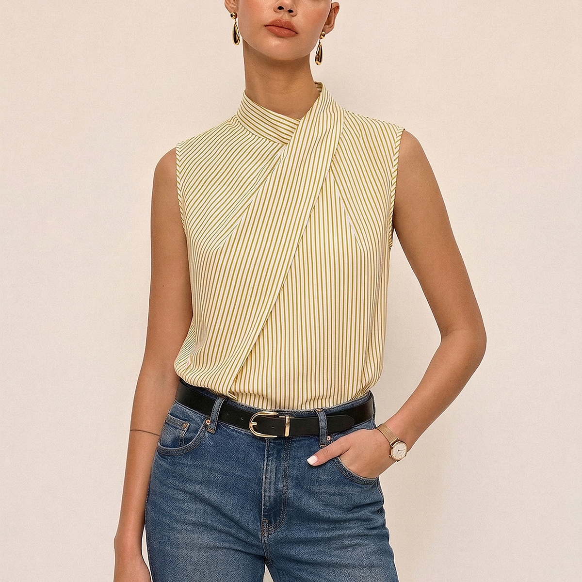 Sleeveless Striped High Neck Blouse