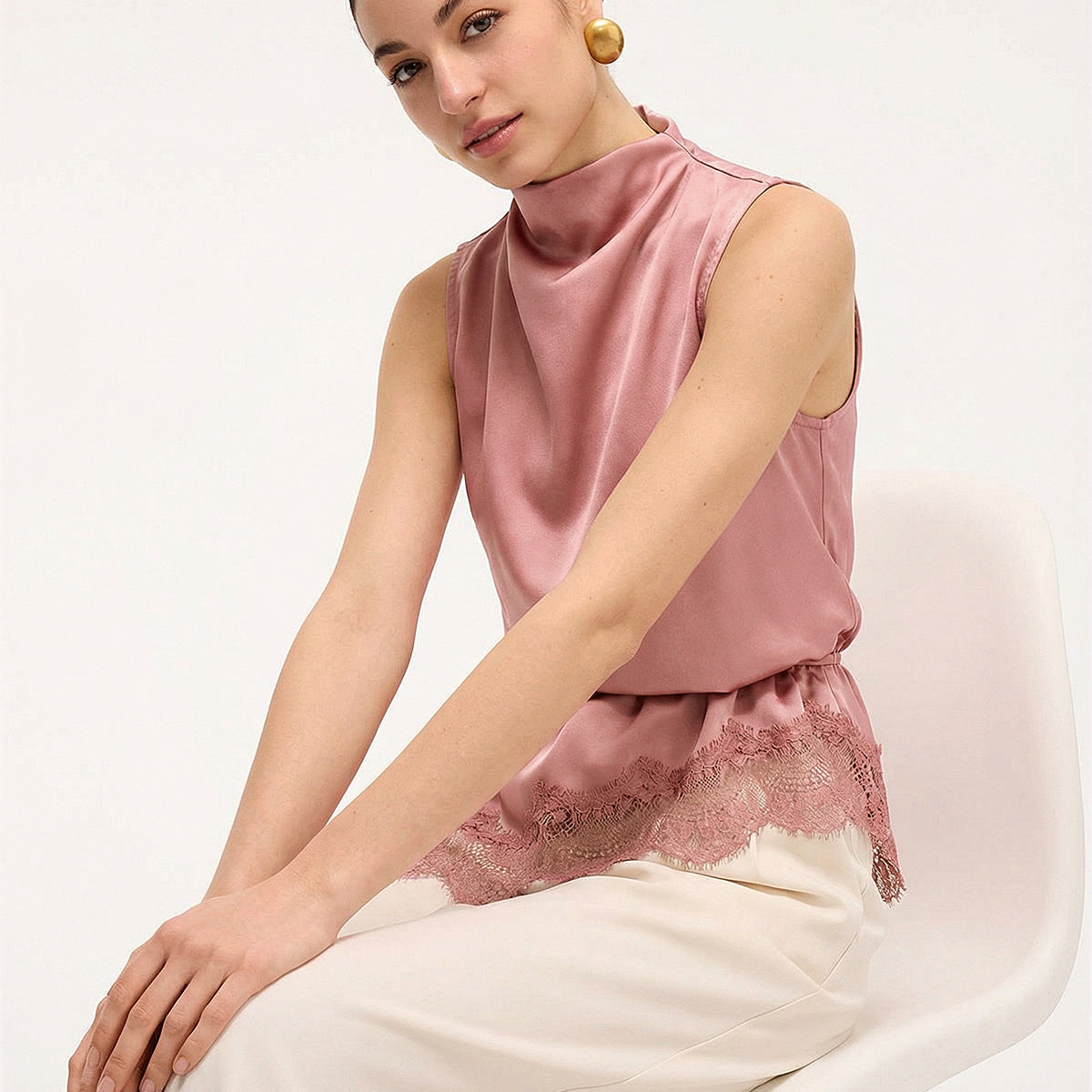 Lace Trim Satin Sleeveless Blouse