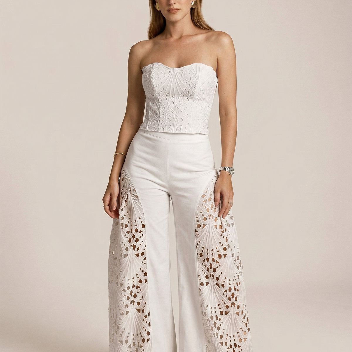 Strapless Eyelet Top & Wide Leg Pants Set